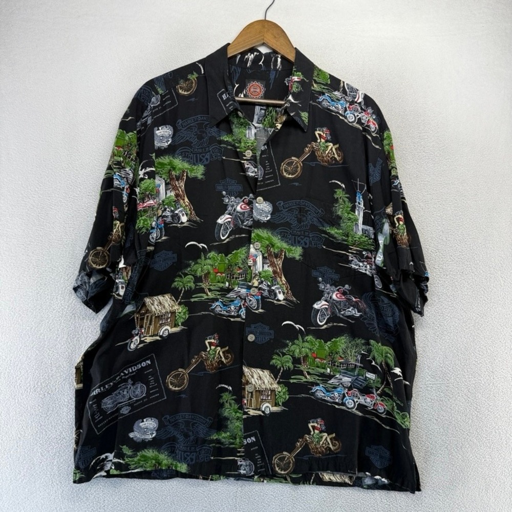 Harley Davidson Shirt Mens 2XL Black Hawaiian Pinup Girl Biker Motorcycle Rayon